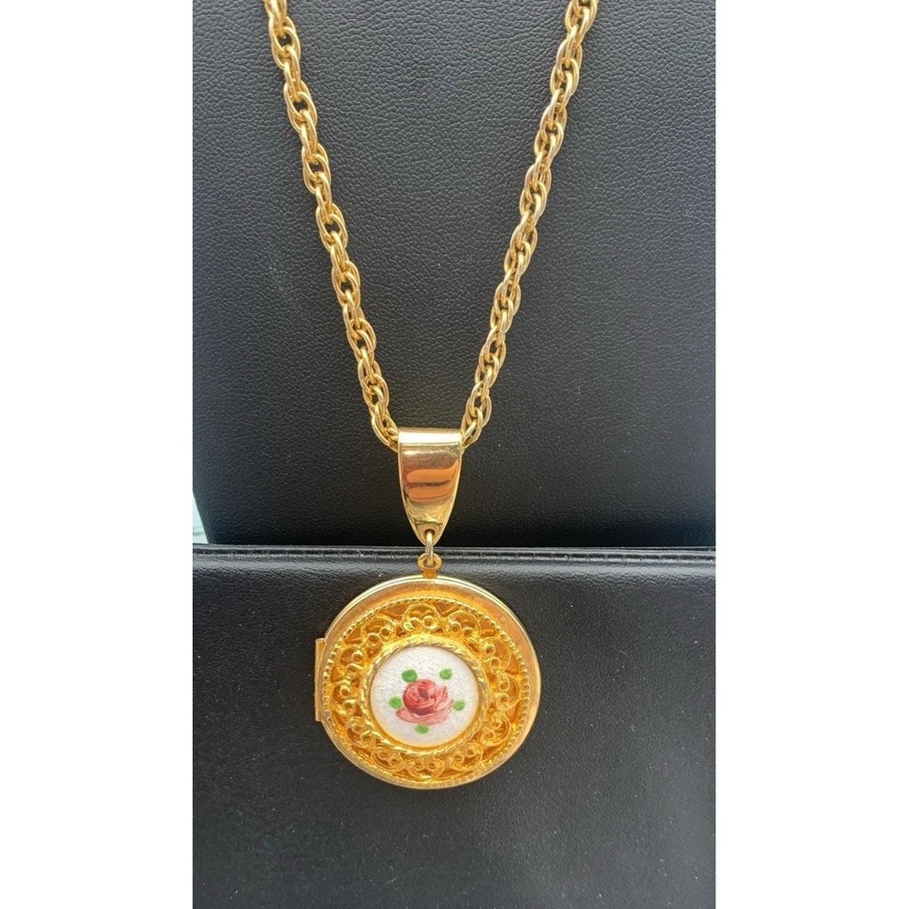 Vintage Guilloche Locket Necklace Gold Tone Enamel Pendant Guilloche Rose 24"